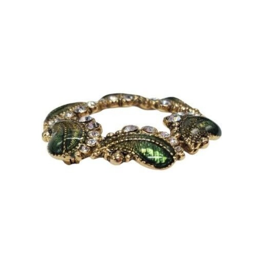 Vintage Monet Green Wreath Brooch Rhinestone Enamel Paisley Circle Gold Tone - Picture 5 of 9